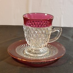 Vintage Indiana Glass Company Diamond Point Ruby Flashed Cup And Saucer Set (NM)