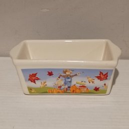 Vintage Nantucket Brand Ceramic Mini Loaf Pan Featuring Fall Scarecrow And Pumpkin Pattern  (NM)