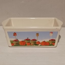 Vintage Nantucket Brand Ceramic Mini Loaf Pan Featuring A Festive Autumn Pumpkin Themed Pattern  (NM)
