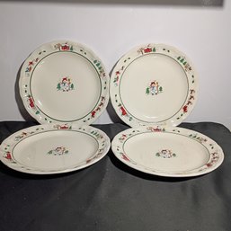 Vintage Pfaltzgraff Snow Village 10 3/4' Dinner Plates Featuring A Festive Snowman Design (NM)