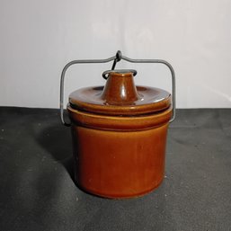 Vintage Brown Glazed Stoneware Crock Featuring A Metal Wire Handle And Locking Lid  (NM)