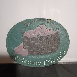 'Welcome Friends' Basket Of Apples Hand-painted Slate Wall Art Hanging Sign (NM)