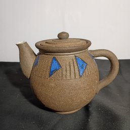 Handcrafted Studio Art Pottery Teapot Made From Textured Brown Clay With Blue Geometric Pattern (NM)