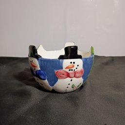 Festive Ceramic Bowl Featuring A Snowman And Christmas Tree Design (NM)