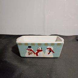 Vintage Collectible Nantucket Home Ceramic Mini Loaf Pan Featuring A Snowman Design (NM)