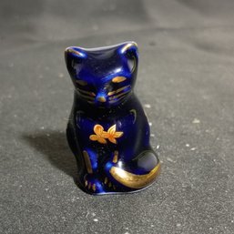 Vintage Limoges Castel France Cobalt Blue Porcelain Cat Figurine, Typically With 22K Gold Accents (NM)
