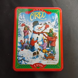 Vintage 1996 Nabisco Oreo Cookie Tin Featuring A Christmas Scene Of Children Playing With A Snowman (NM)