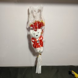Plush Teddy Bear Holding Red Artificial Rose With Gold Stem (NM)