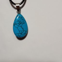 Turquoise Teardrop-Shaped Pendant On Black Faux Leather Adjustable Cord (NM)