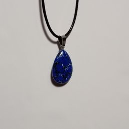 Blue Teardrop-Shaped Pendant On Black Faux Leather Adjustable Cord(NM)