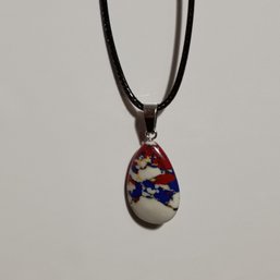Red, White And Blue Teardrop-Shaped Pendant On Black Faux Leather Adjustable Cord(NM)