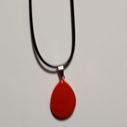 Red Teardrop-Shaped Pendant On Black Faux Leather Adjustable Cord (NM)