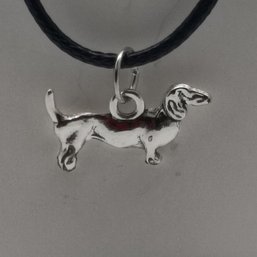 Silver-toned Charm Necklace With A Dachshund  Pendant On A Black Cord (NM) 1 Of 3