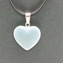 Glass Heart Pendant In White On Black Faux Leather Adjustable Cord (NM)