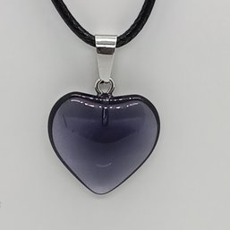 Glass Heart Pendant In Translucent Black On Black Faux Leather Adjustable Cord (NM)