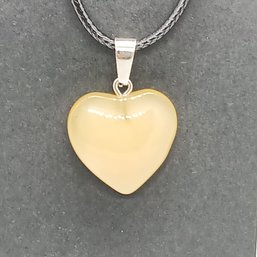 Glass Heart Pendant In Cream Color On Black Faux Leather Adjustable Cord (NM)