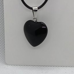 Glass Heart Pendant In Black On A  On Black Faux Leather Adjustable Cord (NM)