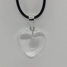 Glass Heart Pendant In Clear On Black Faux Leather Adjustable Cord (NM)