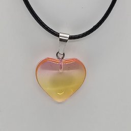 Glass Heart Pendant In Gradient Multi-colors On Black Faux Leather Adjustable Cord (NM)