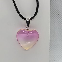 Glass Heart Pendant In Gradient Multi-colors On Black Faux Leather Adjustable Cord (NM)
