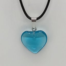 Glass Heart Pendant In Blue On Black Faux Leather Adjustable Cord(NM)