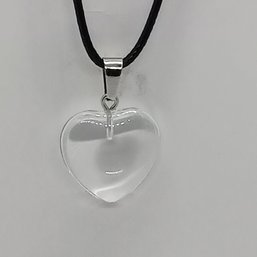 Glass Heart Pendant In Clear On Black Faux Leather Adjustable Cord (NM)