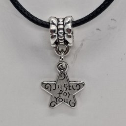 Silver-toned Charm Necklace With A Silver Star With 'just For You'  Engraved On Pendant On A Black Cord (NM)