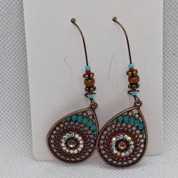 Vintage Style Boho Dangle Earrings With Turquoise Colored Enamel And Beads (NM)