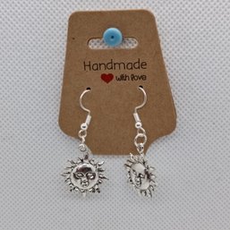 Handmade Silver-Toned Celestial Sunburst Face Dangle Earrings - Mystic Sun Costume Jewelry (NM)
