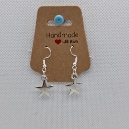 Handmade Silver-Toned Five-Point Star Dangle Earrings - Minimalist Celestial Costume Jewelry (NM)