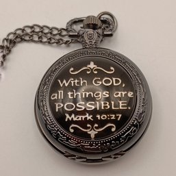 Black Bible Verse Pocket Watch Necklace Mark 10:27 Christian Gift Jewelry (NM)