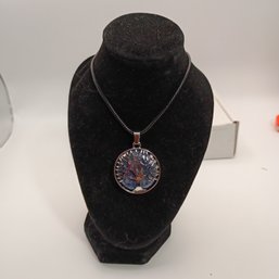 Silver Tone Tree Of Life Pendant Necklace With Marbled Blue Gemstone Background (NM)