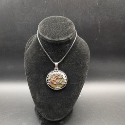 Silver Tone Unakite Gemstone Tree Of Life Pendant Necklace Black Cord Green Pink Jasper (NM)
