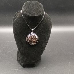 Silver Tone Mahogany Obsidian Tree Of Life Pendant Necklace Black Cord Brown Black Stone (NM)