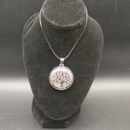 Silver Tone Mother Of Pearl Style Tree Of Life Pendant Necklace Black Cord White Nacre Shell (NM)