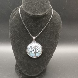 Silver Tone Larimar Gemstone Tree Of Life Pendant Necklace Black Cord Sky Blue Stone (NM)