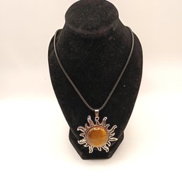 Silver Tone Tigers Eye Gemstone Sunburst Sun Pendant Necklace Black Cord Celestial Jewelry (NM)