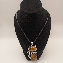 Silver Tone Tigers Eye Gemstone Cat Pendant Necklace Black Cord Animal Lover Fashion Jewelry (NM)