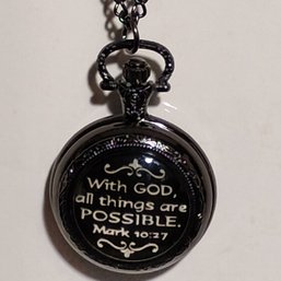 Black Bible Verse Pocket Watch Necklace Mark 10:27 Christian Gift Jewelry (NM)