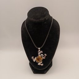 Silver Tone Tigers Eye Gemstone Frog Pendant Necklace Black Cord Amphibian Animal Jewelry (NM)