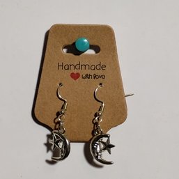 Hand Assembled Silver Tone Crescent Moon Face Star Dangle Drop Earrings Fish Hook Celestial Jewelry (NM)