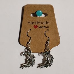 Hand Assembled Silver Tone Ornate Textured Crescent Moon Face Dangle Drop Earrings Fish Hook Celestial (NM)