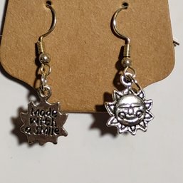 Hand Assembled Silver Tone Sun Face Made With A Smile Dangle Drop Earrings Fish Hook Celestial Jewelry (NM)