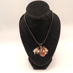 Gothic Black & Red Dragon Enamel Necklace  Winged Mythical Creature Pendant (NM)
