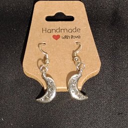 Hand Assembled Silver Tone Starry Crescent Moon Dangle Drop Earrings Fish Hook Celestial Fashion Jewelry (NM)
