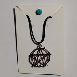 Silver Tone Twig Branch Pentagram Star Pendant Necklace Black Cord Wiccan Jewelry (NM)