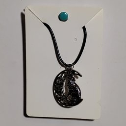 Silver Tone Howling Wolf On Crescent Moon Pendant Necklace Black Cord Jewelry (NM)