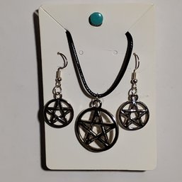 Silver Tone Pentagram Star Pendant Necklace Fish Hook Dangle Earrings Wiccan Set (NM)