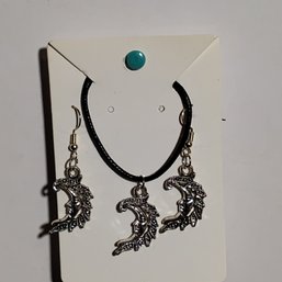 Silver Tone Crescent Moon Face Pendant Necklace Fish Hook Dangle Earrings Celestial Jewelry Set (NM)