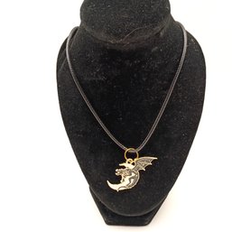 Gothic Black Dragon Crescent Moon Necklace  Celestial Mythical Cord Pendant (NM)